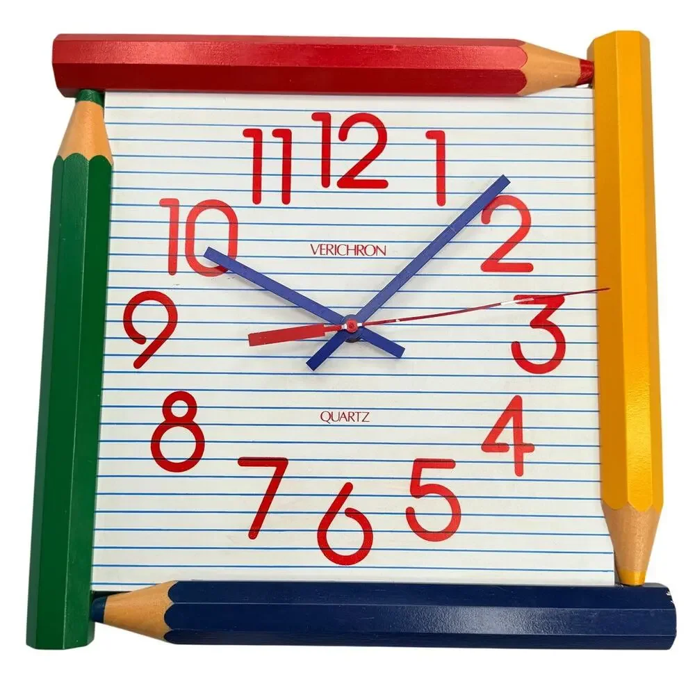 Vintage 1980s Verichron Pencil Wall Clock WORKING Retro Teacher Classroom Decor